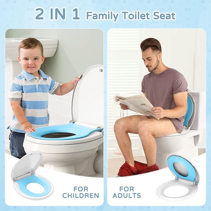 YASFEL Built in Potty Training Toilet Seat for Toddlers, Kids & Adults Biscuit Plastic Toilet Seats Round Slow Close with Magnets(Blue, 16.5”)