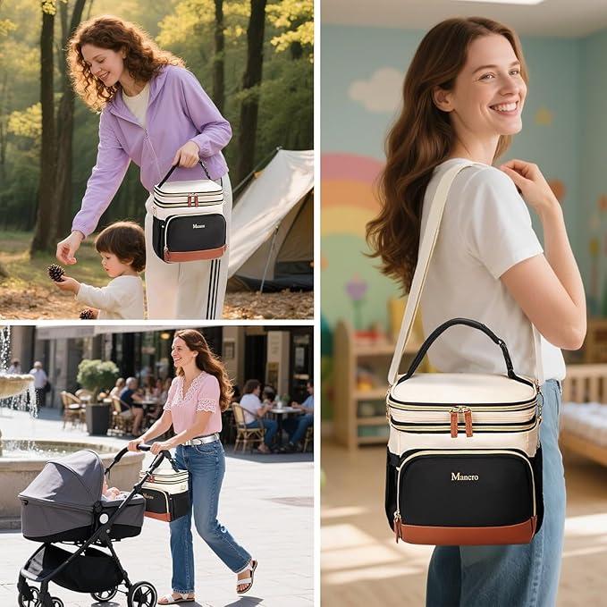 Mancro Expandable Bottle Cooler Bag Fits 6 Bottles Up to 9oz, Double Layer Breastmilk Cooler Bag with Ice Pack, Leakproof Breast Milk Cooler Travel Bag with Stroller Strap for Nursing Moms, Black