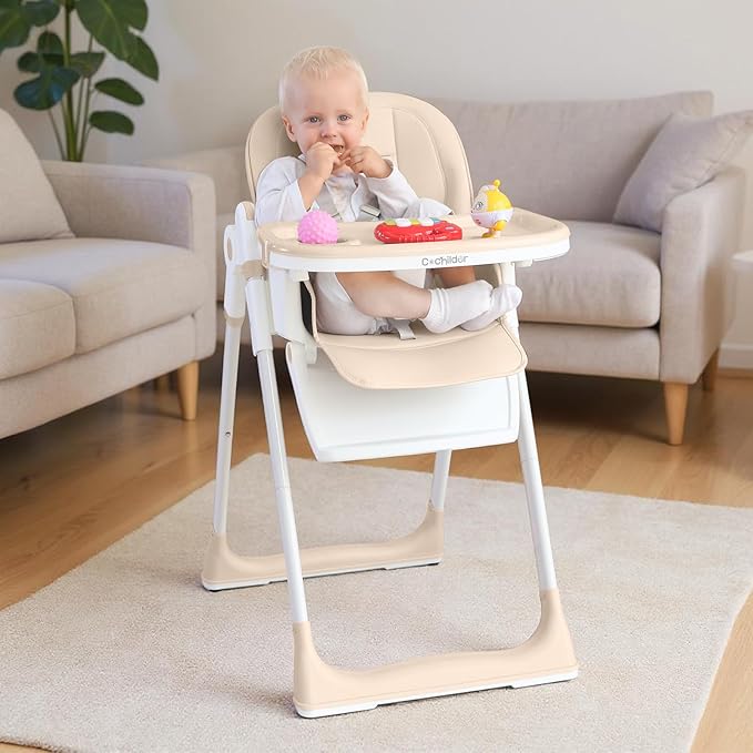 Cochildor 3-in-1 Foldable High Chair for Babies & Toddlers – Adjustable Height, Reclining Seat, 5-Point Safety Harness, Removable Tray, Lockable Wheels and Washable Cushion, Beige