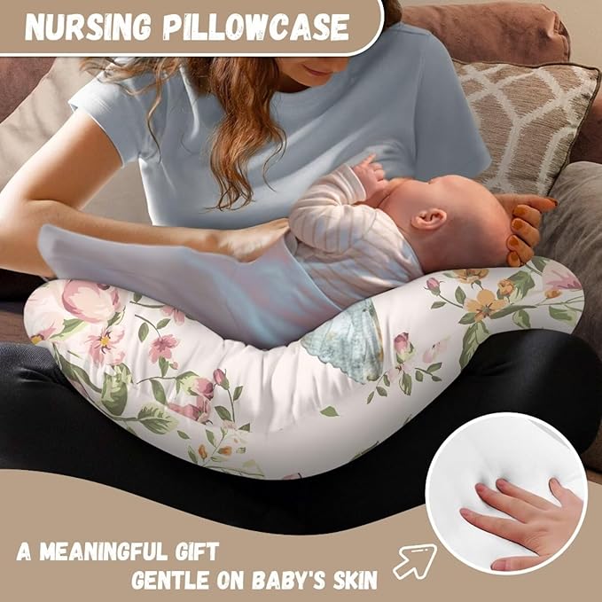 Flower Butterfly Super Soft Breast Feeding Pillows, Nursing Pillow Cover with Hidden Zipper, Safe Newborn Washable and Stretchy Pillow Cover for Baby, 2 Packs