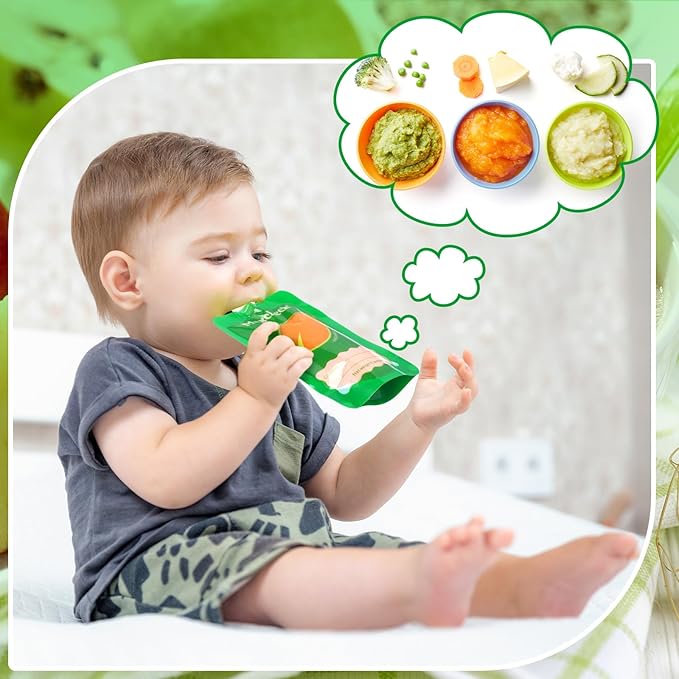 Maxcheck 53 Pcs Refillable Baby Food Pouches Food Maker Set Include 50 Pcs Portable Fruit Puree Pouch Storage Bags, Baby Food Maker, Pen and Brush for Babies Kids Toddlers