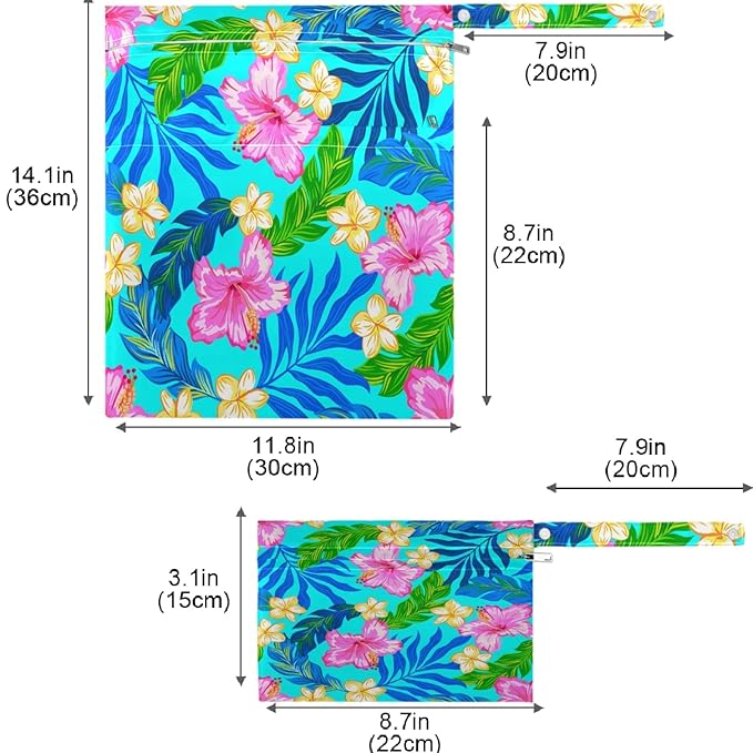 visesunny Tropical Hibiscus Floral Turquoise 2Pcs Wet Bag with Zippered Pockets Washable Reusable Roomy for Travel,Beach,Pool,Daycare,Stroller,Diapers,Dirty Gym Clothes, Wet Swimsuits, Toiletries