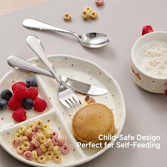 KINGSTONE Kids Silverware, 3-Piece Large Forks and Spoons Knife Gift Set, 18/10 Stainless Steel Kids Utensils for Self-Feeding, Food Grade Flatware, Dishwasher Safe, Mirror Polished