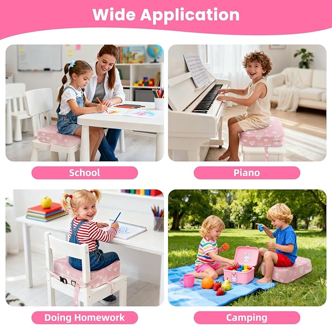 Toddler Booster Seat for Dining Table Kitchen Chair, Kids Booster Seat with Non-Slip Bottom and Adjustable Straps, 4" Detachable Washable Portable Travel Increasing Cushion (Hearts)