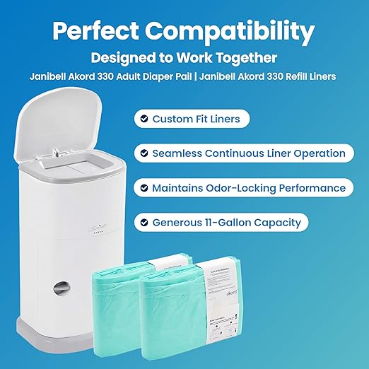 Janibell Akord 330 Adult Diaper Pail System – Holds Up to 35 Adult Diapers per Load, 560 Diapers per Refill Roll, 11-Gallon Hands-Free Step-On Trash Can, Odor-Locking Double Seal, White Resin
