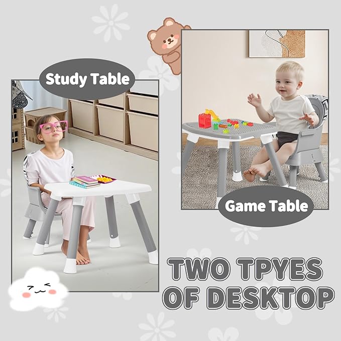 Kinder King 8 in 1 Baby High Chair, Coverts to Dining Booster Seat/Kids Table & Chair Set/Toddler Building Block Table/Kids Stool, Removable Tray & Double Seat Cover, Easy to Wipe, Wavy Grain