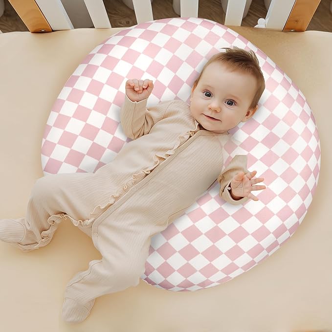 Nursing Pillow Cover, Removable Nursing Covers for Breastfeeding Pillows, Stretchy and Soft Fit for Baby Girls Boys Newborn, Pink Checkerboard (Only Cover)