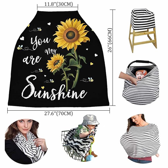 Sunflowers Car Seat Covers for Babies Boy Girl Capony Covers You're My Sunshine Nursing Cover Breastfeeding Scarf Breathable Stretchy Coverage, Floral Bees Black Infant Stroller Cover Shopping Cart
