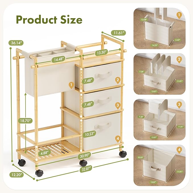 Solid Bamboo Baby Diaper Caddy Cart, Diaper Cart Organizer with Wheels, Mobile Multi-Functional Small Baby Care Station, Store All baby Supplies,for Nursery, Changing Table and Crib