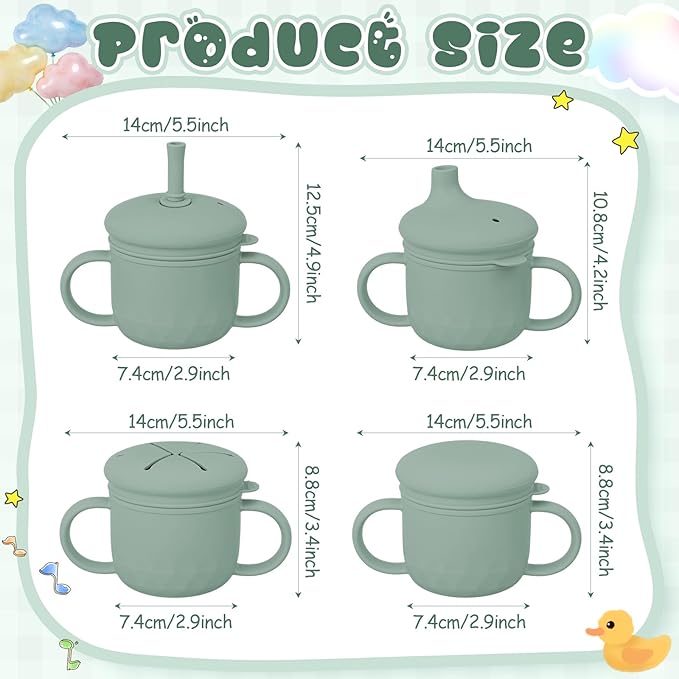 8 oz 3 in 1 Silicone Baby Sippy Cups & Snack Cups with Lid Straw for Toddlers 1-3 Spill Proof Stainless Steel Snack Containers Food Catcher for Baby Toddler Drinking Training(Dark Green)