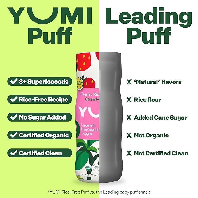 YUMI Rice-Free Baby Puffs - No Sugar Added, Gluten-Free, Non-GMO Organic Baby Snacks Puffs, School Safe for Daycare and Lunchboxes - Alternative to Baby Teething Snacks, Strawberry Basil (6ct.)