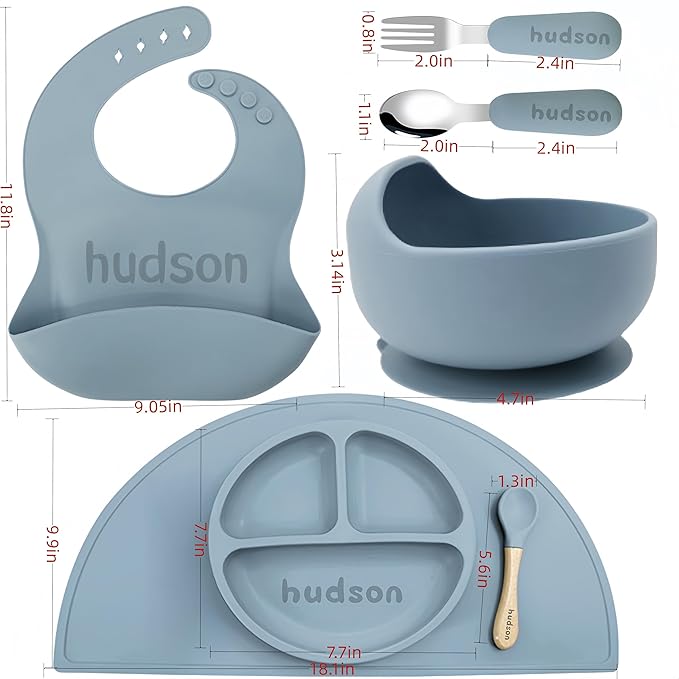 Personalized Silicone Suction Plates for Baby,Custom Toddlers Spoon and Fork, Baby Feeding Set with Name,Baby Birthday Gift for Boy & Girl (Grey placemat)