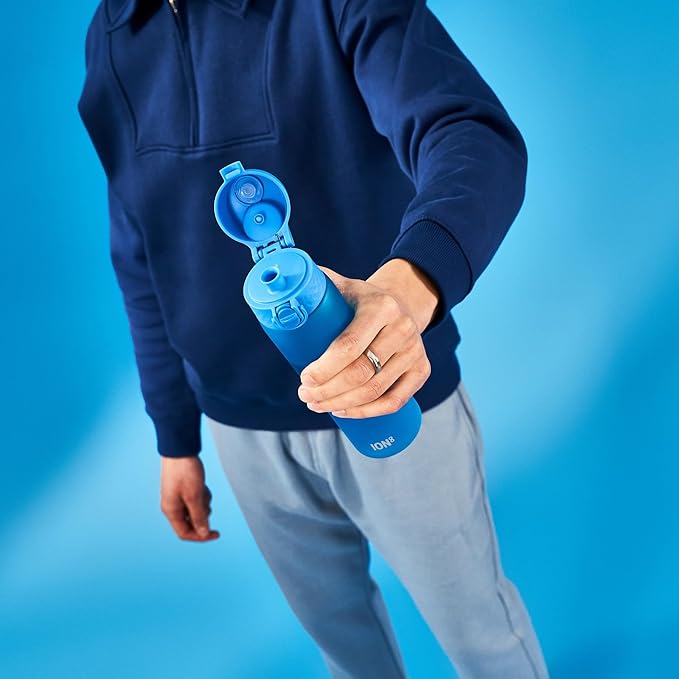 Ion8 Water Bottle, 500 ml/18 oz, Leak Proof, Easy to Open, Secure Lock, Dishwasher Safe, BPA Free, Hygienic Flip Cover, Carry Handle, Fits Cup Holders, Easy Clean, Odor Free, Carbon Neutral, Blue