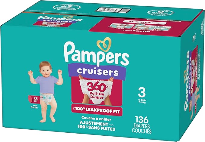 Pampers Diapers - Cruisers 360 - Size 3, 136 Count, Babyproof up to 100% Leakproof Pull-On Diaper