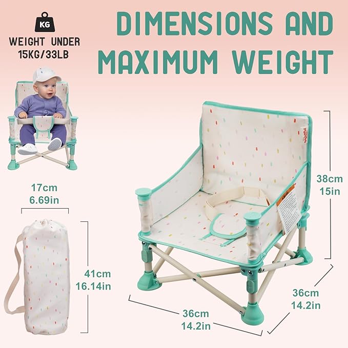 Tiny Marvels 3-in-1 Portable Baby Chair, Foldable Booster Seat with Removable Tray, Safety Harness & Carry Bag for Dining, Travel, Camping, Beach, 6M-3Y (Cream Confetti)