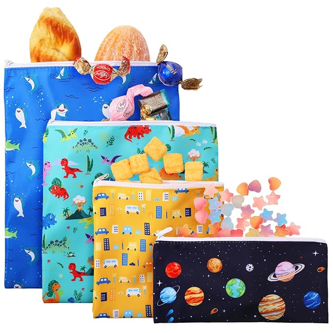 Paterr 4 Pcs Sandwich Bag Reusable Zipper Snack Bags Washable Food Safe Lunch Bags for Kids Students Adults Food (Dinosaur)