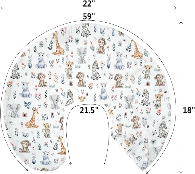 Safari Jungle Animals Floral Baby Nursing Pillow Covers for Boy Girl Elephant Leopard Giraffe Hippo Nursing Pillowcase for Breastfeeding Pillows Tropical Safari Soft Stretchy Slipcovers for Newborn