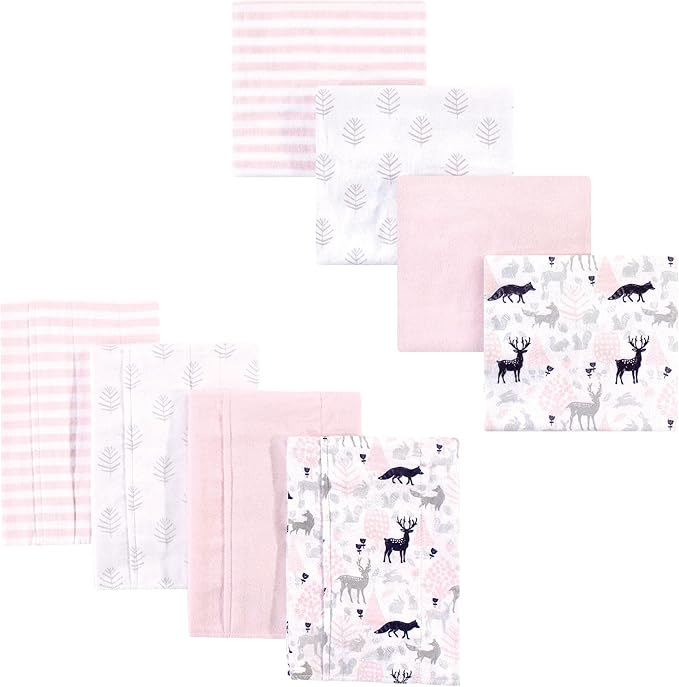 Hudson Baby Unisex Baby Cotton Flannel Burp Cloths and Receiving Blankets, 8-Piece, Linocut Woodland Girl, One Size