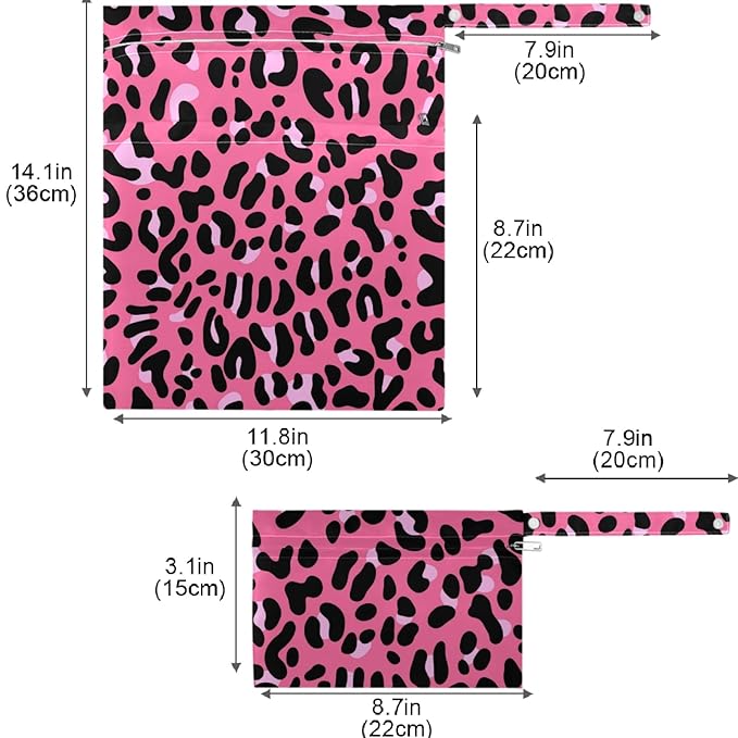 visesunny Leopard Skin Pink Pattern 2Pcs Wet Bag with Zippered Pockets Washable Reusable Roomy for Travel,Beach,Pool,Daycare,Stroller,Diapers,Dirty Gym Clothes, Wet Swimsuits, Toiletries