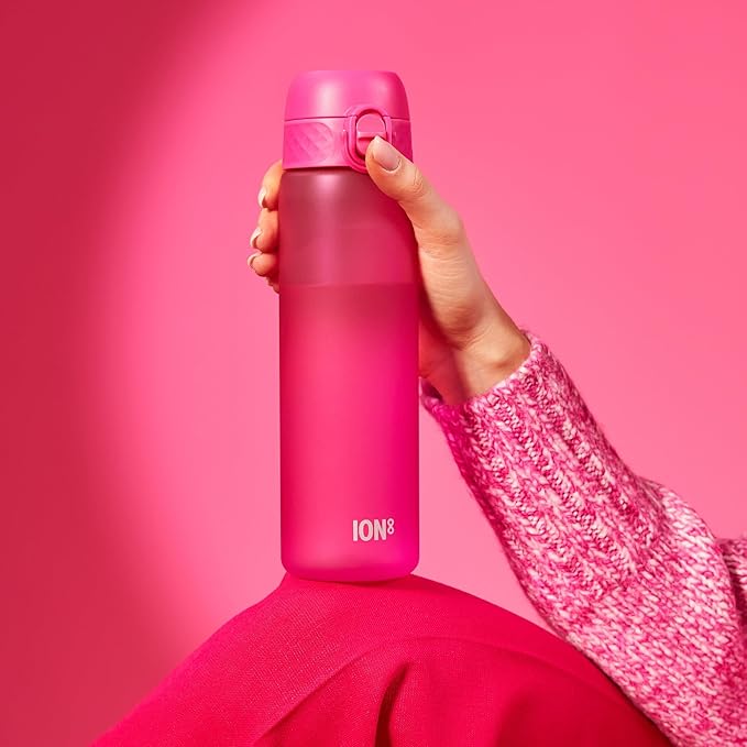 Ion8 Water Bottle, 500 ml/18 oz, Leak Proof, Easy to Open, Secure Lock, Dishwasher Safe, BPA Free, Hygienic Flip Cover, Carry Handle, Fits Cup Holders, Easy Clean, Odor Free, Carbon Neutral, Hot Pink