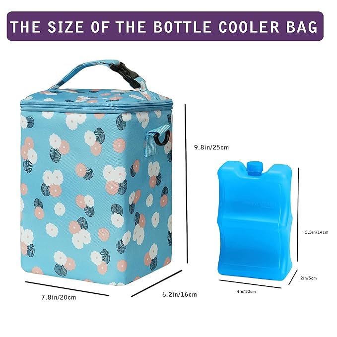 Breastmilk Cooler Bag with Ice Pack Fits 4 Baby Bottles Up to 9 Ounce Insulated Baby Bottle Bag Breast Milk Cooler on The Go with Strap Baby Bottle Cooler Bag for Nursing Mom Daycare or Travel