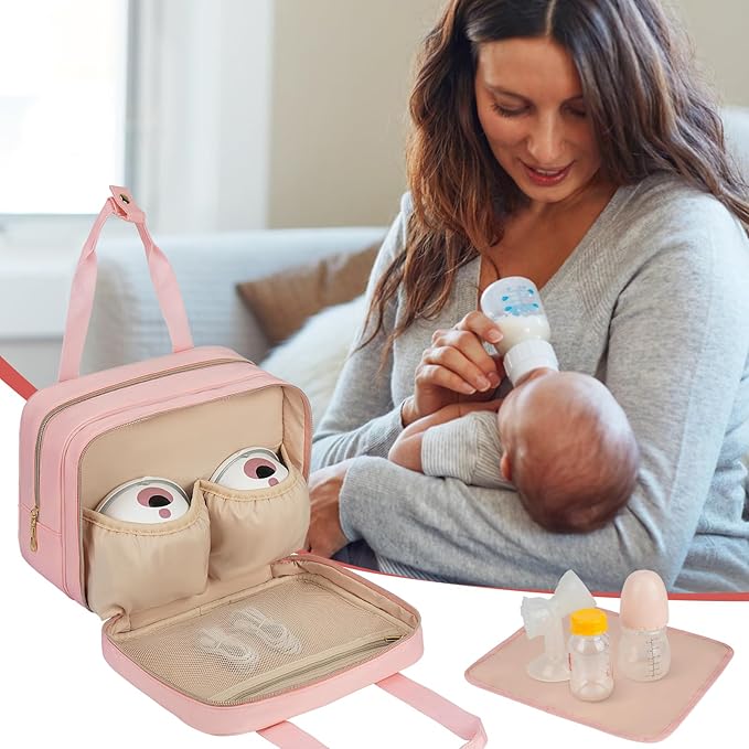 Breastmilk Cooler Travel Bag, Wearable Breast Pump Storage Bag Compatible with Momcozy/Eufy/Elvie/Willow/Medela Breast Pump with Ice Pack and Waterproof Mat,Pink