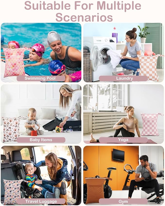 Wet Dry Bag Reusable Waterproof Swimming Bag Travel Beach Pool Yoga Gym Bag for Baby Cloth Diaper Swimsuits Wet Clothes Two Zipper Pockets 3 Pack Rainbow Orange Flower 3L04