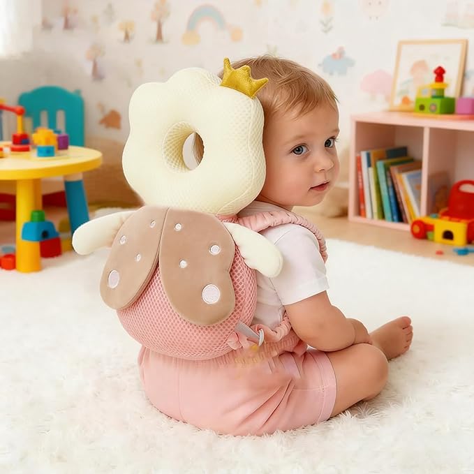 Baby Head Protector Backpack, Toddler Baby Head Protection Backpack with Baby Knee Pads Alarm Function for Walking & Crawling, Soft, Breathable and Wearing Safety Baby Head Protector- Pink Butterfly