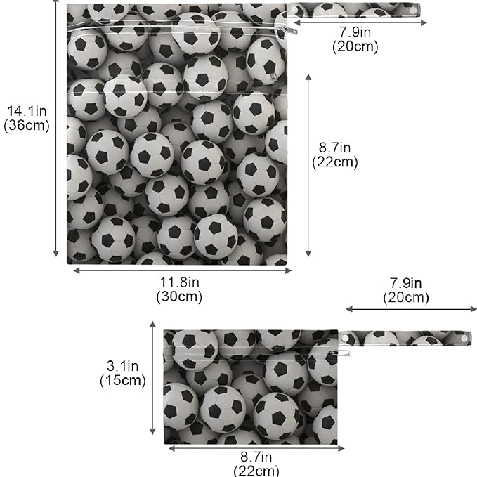 visesunny Soccer Ball 3D Print 2Pcs Wet Bag with Zippered Pockets Washable Reusable Roomy Diaper Bag for Travel,Beach,Daycare,Stroller,Diapers,Dirty Gym Clothes,Wet Swimsuits,Toiletries