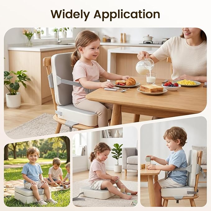 Booster Seat for Kitchen Chair, Toddler Booster Seat for Dining Table with Backrest and Adjustable Straps, Non-Slip High Back Booster Seat, Portable Travel Baby Booster Increasing Cushion, Gray White
