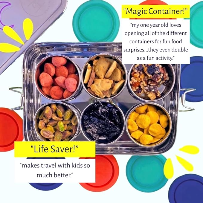 Stainless Steel Reusable Snack Bento Box: 6 50mL containers included | Plastic Free | Dishwasher Safe | No Spill, Leakproof | Perfect Toddler Lunch Box for School, Airplane, On-the-go