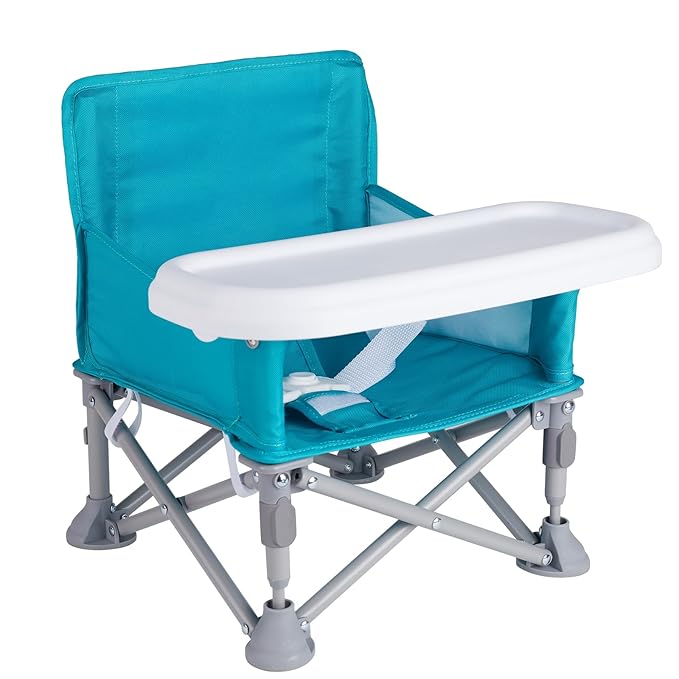 Portable Baby Booster Seat with Tray, Toddler Booster seat for Dining, Camping, Travel, Baby Beach Chair 6 Months to 3 Years Old Indoor Outdoor Use Cyan
