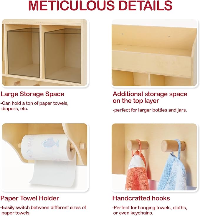Monläurd® 100% Birch Diaper Organizer for Wall – Wooden Wall Mounted Storage Shelf for Nursery & Daycare, Baby Changing Table Organizer with Hooks & Towel Holder