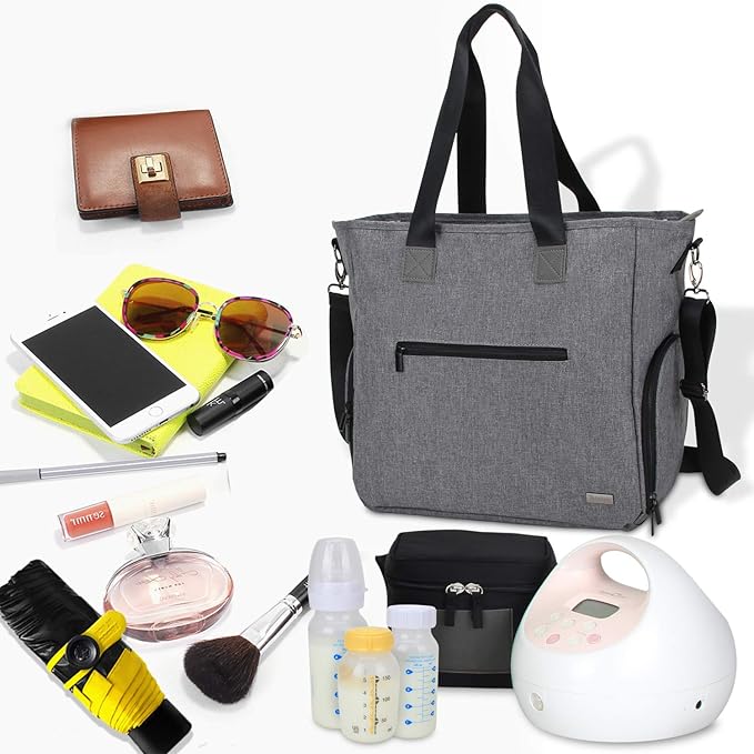 Teamoy Breast Pump Tote Bag,Compatible with Spectra S1/S2, Medela, Cooler Bag, Dark Gray | 14" Laptop Sleeve, Built-in Pockets, Breastfeeding Moms, Work Tote Bag, Pumping Bag