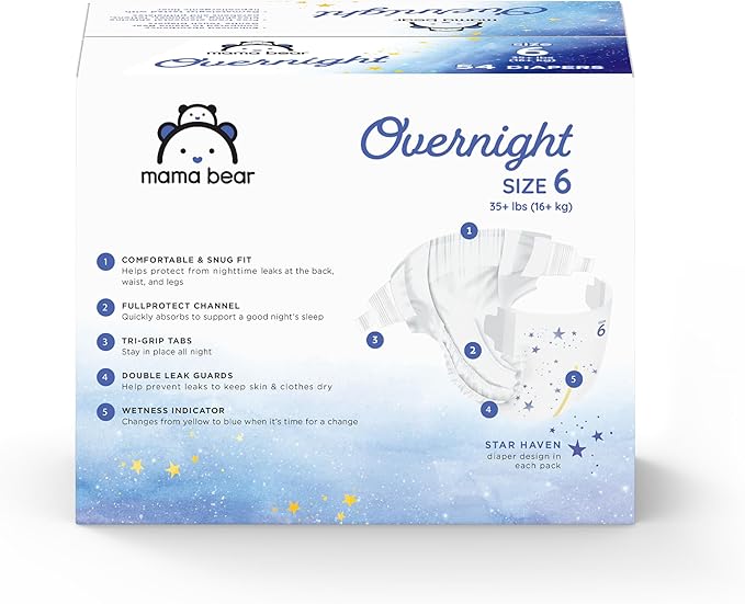 Amazon Brand - Mama Bear Overnight Baby Diapers with Leak Protection and Skin Protection, Fragrance-Free, Size 6, Hypoallergenic, Chlorine Free, Dermatologist Tested, 54 Count