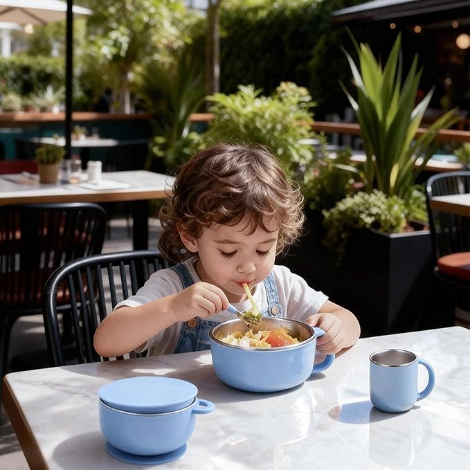 Bakpoco Kids Dinnerware Set - 6 Piese Toddler Plates and Suction Bowls Set with Kids Utensils&Cup, 2 IN 1 Stainless Steel & Silicone Baby Self Feeding Supplies, Blue