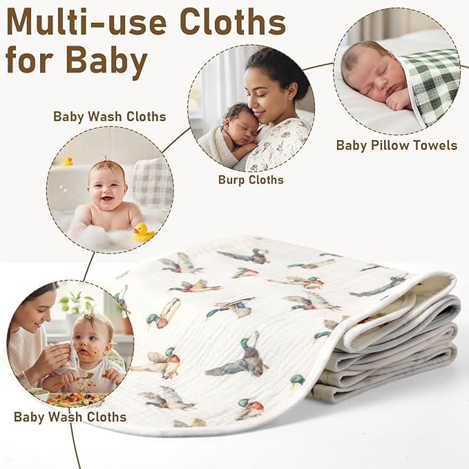 Hahafelt 4 Pcs Mallard Duck Baby Burp Cloths 100% Cotton Absorbent & Soft Burping Cloth Large 22'' x 10" Newborn Towel 2-in-1 Baby Spit up Burping Rags Set for Boys Girls Infant Newborn(Plaid Style)