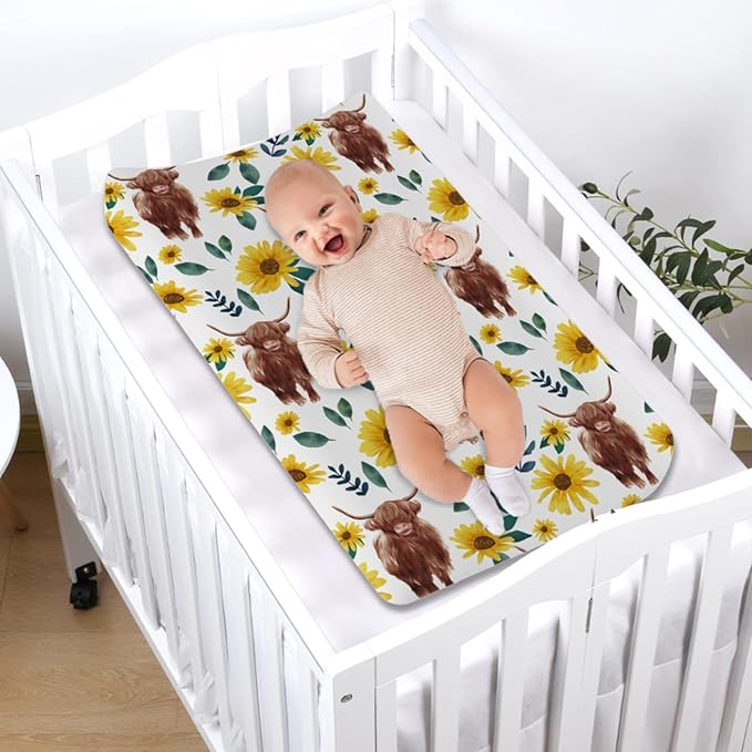 Highland Cows Floral Changing Pad Covers Highland Yak Flowers Leaves Diaper Change Table Pad Covers for Baby Girls and Boys Soft Breathable Stretch Changing Table Cover 32''x16'' Sunflowers
