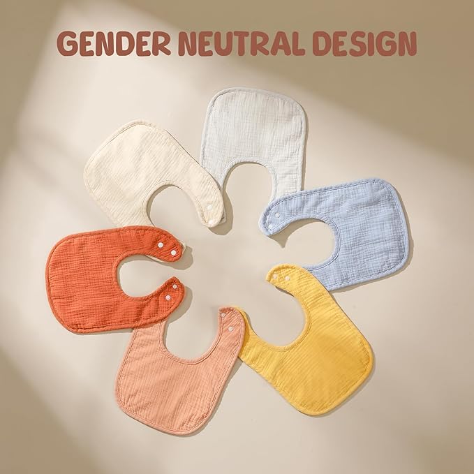 POIKSHARK 6-Pack Muslin Baby Bibs for Unisex Boys Girls, Cotton Baby Drool Bibs, Drooling and Teething Bibs for Infant