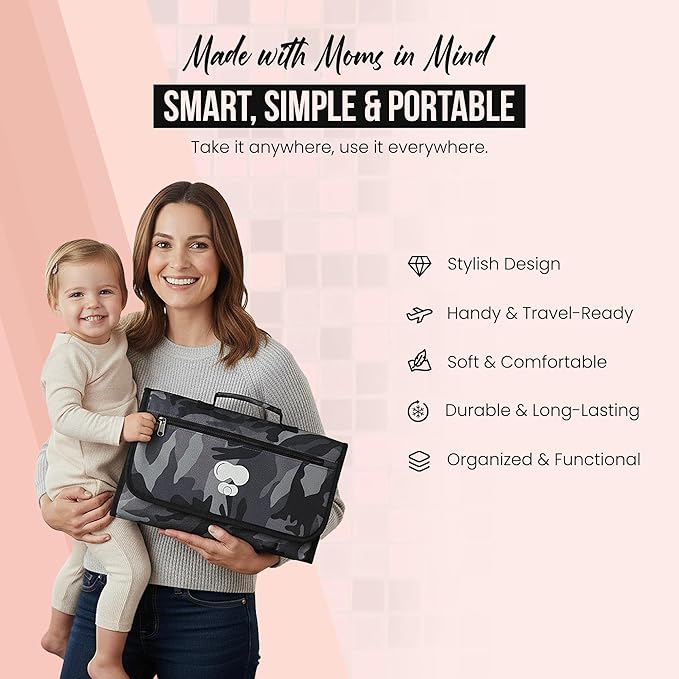 Black Grey Baby Camo Portable Diaper Changing Pad Waterproof Foldable Travel Mat with Pockets Soft Oxford Fabric Lightweight Compact Changing for Parents Multiple Pockets for Storage