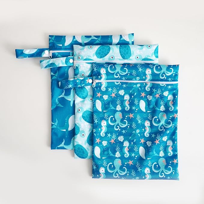 Happy Flute 3 Set Wet Bag Storage Bag Zipper Waterproof Washable Travel Bags, Beach, Pool, Gym Bag for Cloth Diaper, Swimsuits & Wet Clothes for Baby,11.8x15.7inch