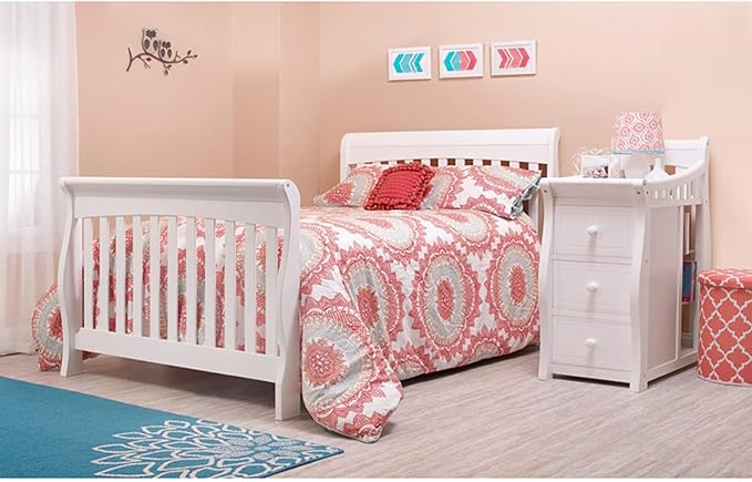 Sorelle Furniture Princeton Elite Crib and Changer Classic -in- Convertible Diaper Changing Table Made of Pine Wood Non-Toxic Finish Wooden Baby Bed Toddler Childs Daybed Full-Size Nursery - White