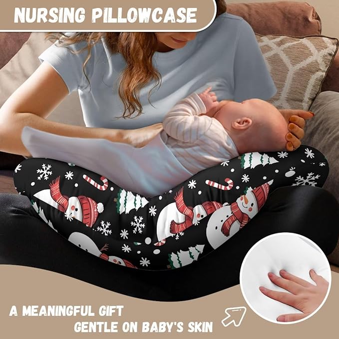 Nursing Pillow Cover for Baby Boys Girls, Xmas Snowman Breastfeeding Pillow Slipcover, Christmas Decorations Soft Nursing Pillowcase for Newborn Infant, Cover Only