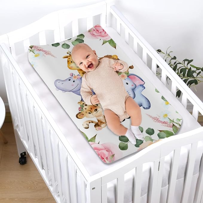 Changing Pad Cover Jungle Safari Animals Tropical Leaves Flowers Baby Change Table Pad Cover for Boys Girls Cute Animals Soft Stretchy Snug Fitted Baby Diaper Changing Sheets Cover 32''x16''