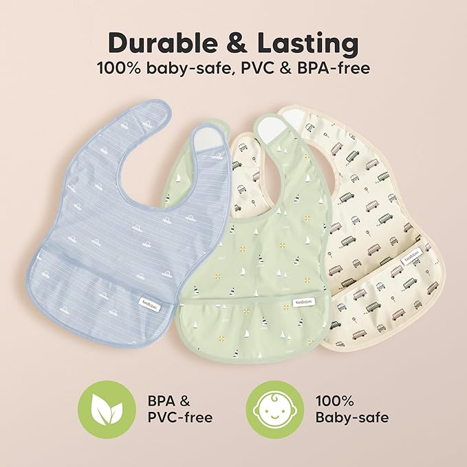 KeaBabies 3-Pack Waterproof Baby Bibs for Eating - Lightweight Toddler Feeding Bibs with Large Food Catcher, Mess Proof, Food-Grade Baby Eating Essentials, Easy to Put On & Clean (Vessels)
