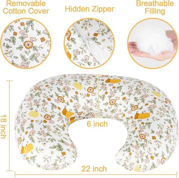 Ergonomic Nursing Pillow for Breastfeeding & Bottle Feeding, Breastfeeding Pillow to Reduce Back Neck Strain, Suitable for Breastfeeding Mom & Baby, Washable Cotton Cover(Flower Beige)