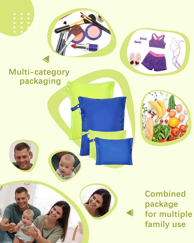 babygoal Wet Dry Bags 4 Pack, Waterproof Reusable Travel Bags for Swimsuits, Baby Cloth Diapers, Beach, Pool, Gym Bag & Wet Clothes