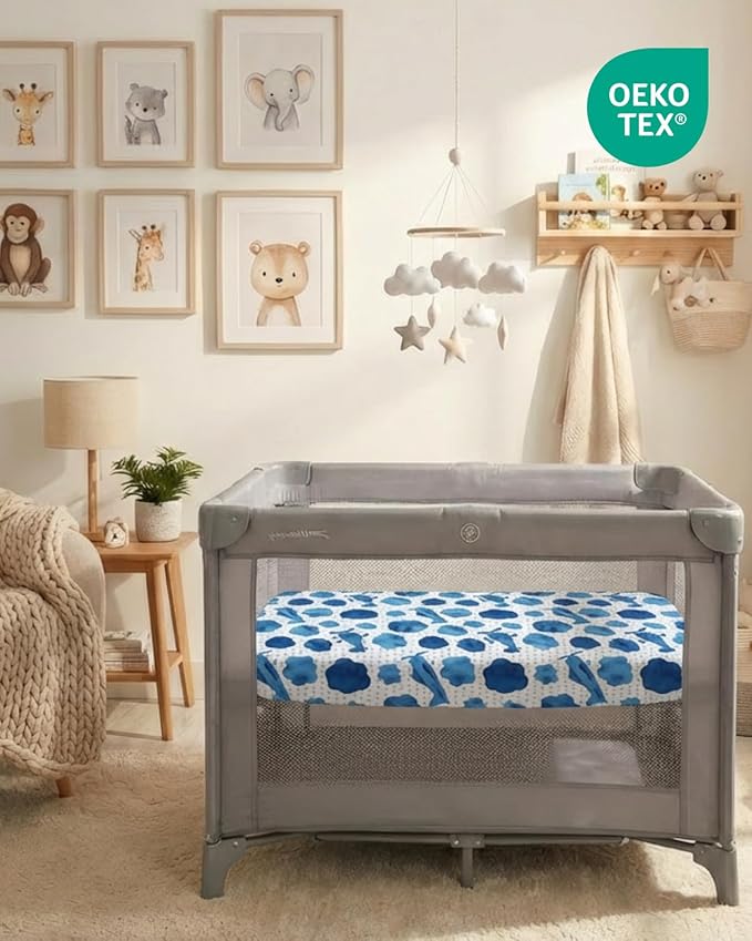 Pack and Play Sheets Fitted - 2 Pack Mini Crib Sheets for Pack N Play Mattress - Unisex Playard Microfiber Bedding for Boys & Girls - Soft, Breathable & Wrinkle Free - Oeko-Tex, 38 x 26in - Plane Sky