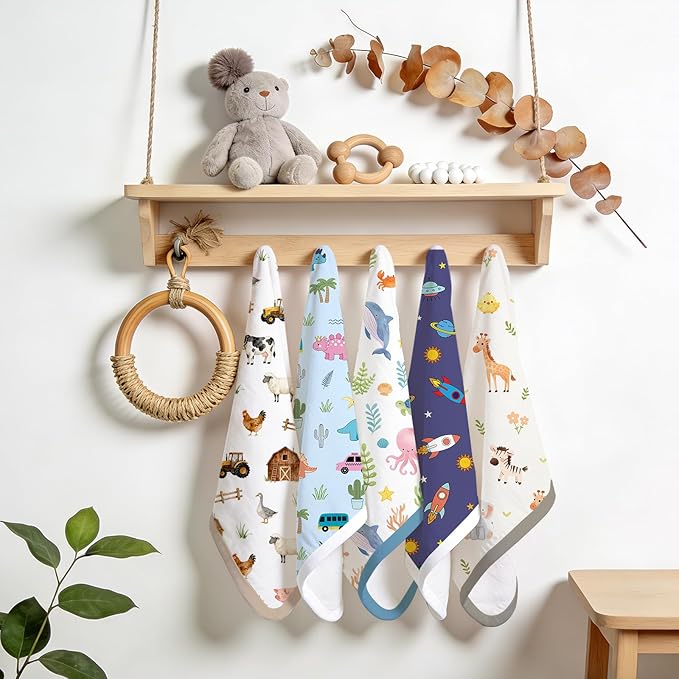 5 Pack Burp Cloths Organic Cotton, Animal Baby Burp Cloths Boy Girl, Absorbent Baby Burping Cloth, Soft Burping Cloth Set for Feeding, New Mom Gifts for Newborns Essentials Gift Set, 19”x9”