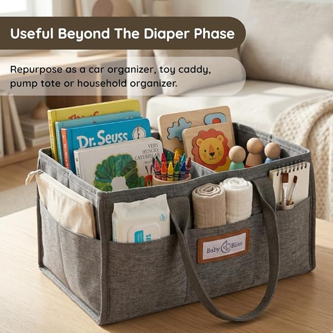 BabyBliss Polyester Diaper Caddy Organizer - Portable Wipe-Clean Nursery Storage Basket with Pockets and Dividers for Diapers, Wipes and Baby Essentials - For Nursery, Living Room and Car